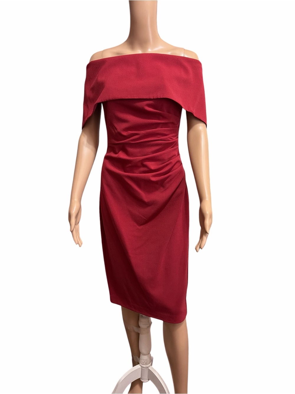 NWT Vince Camuto Sz 2 Off-Shoulder Ruched Sheath Midi Cocktail Dress Red Wine